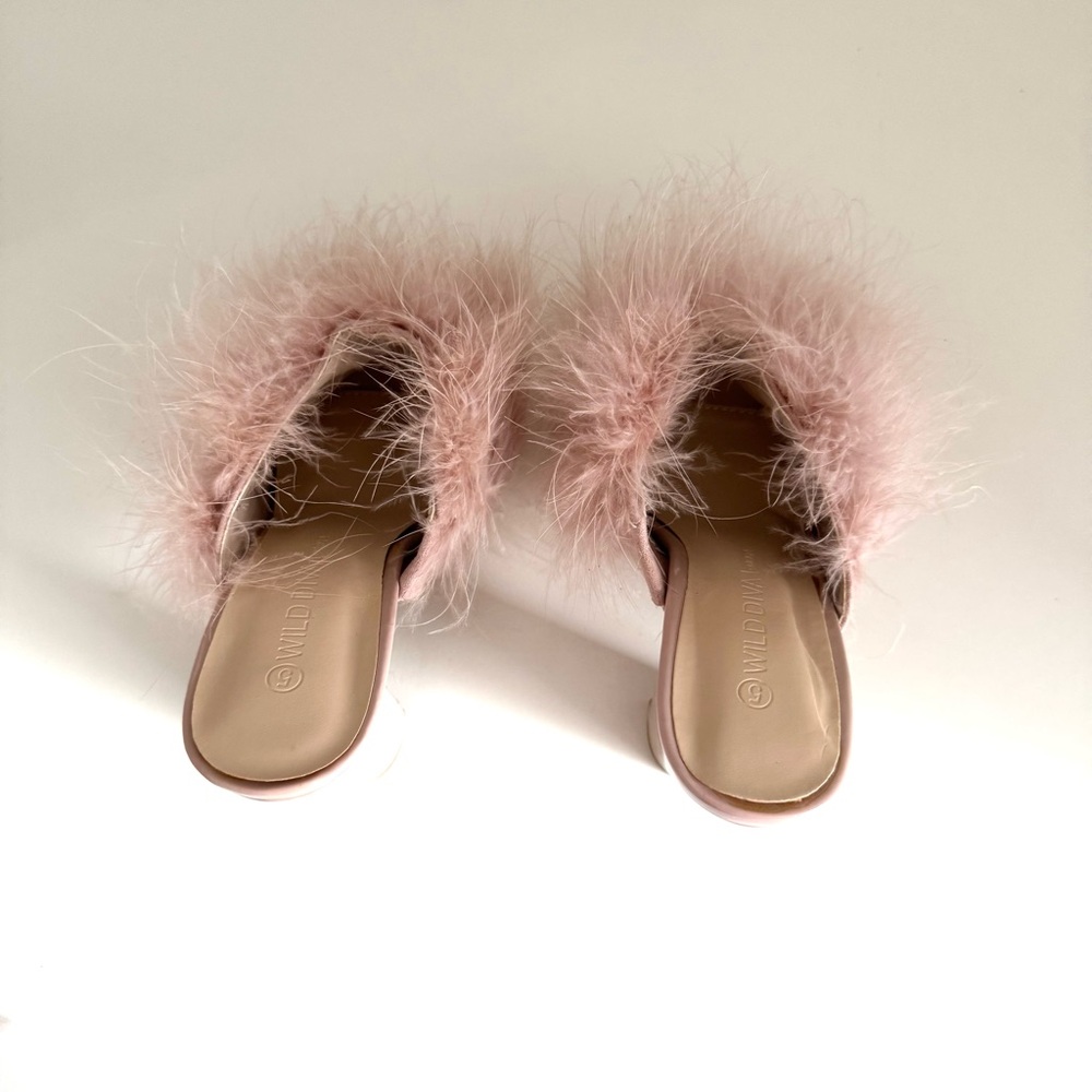 Wild Diva Blush Pink Feathered Slip On Heeled Mules size 5 - Picture 9 of 15